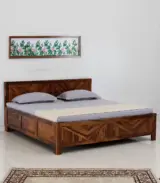Elfa Sheesham Wood Queen Size Bed with Box Storage (Honey Finish)