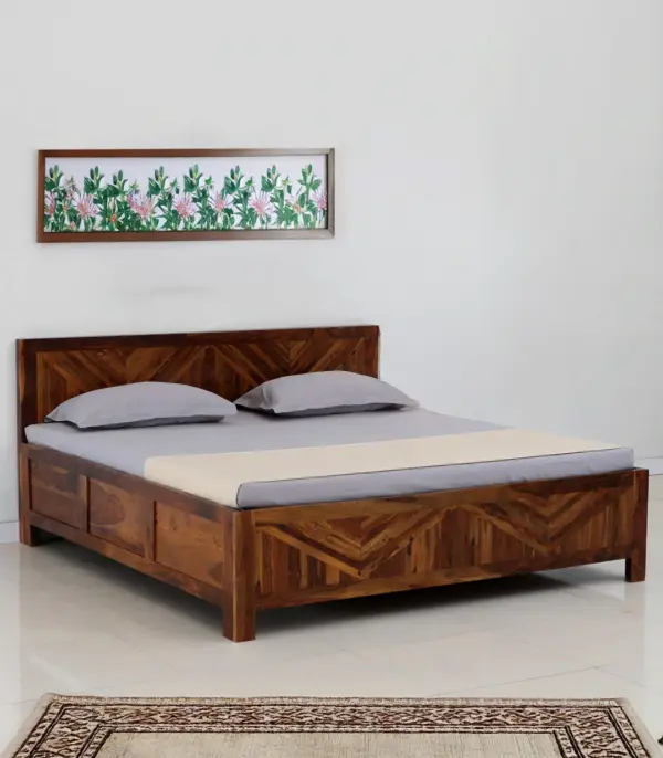 Elfa Sheesham Wood Queen Size Bed with Box Storage (Honey Finish)
