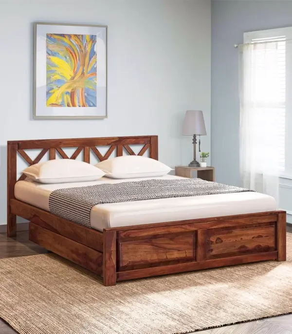 Krysos Sheesham Wood Queen Size Bed with Drawer Storage (Rustic Teak Finish)