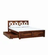 Krysos Sheesham Wood Queen Size Bed with Drawer Storage (Rustic Teak Finish)