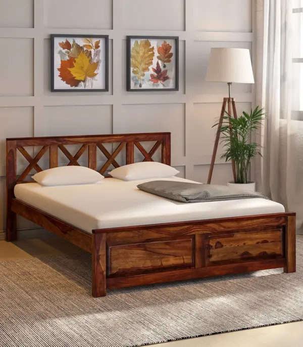 Krysos Sheesham Wood Queen Size Bed without Storage (Teak Finish)