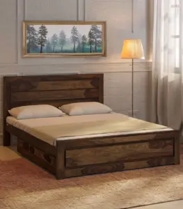 Lordenzo Sheesham Wood Queen Size Bed with Drawer Storage (Provincial Teak Finish)