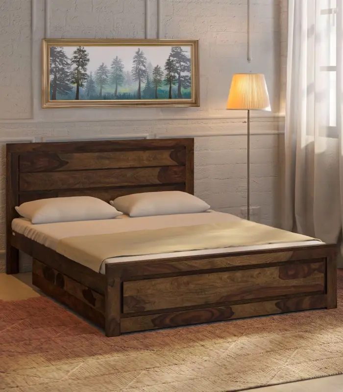 Lordenzo Sheesham Wood Queen Size Bed with Drawer Storage (Provincial Teak Finish)