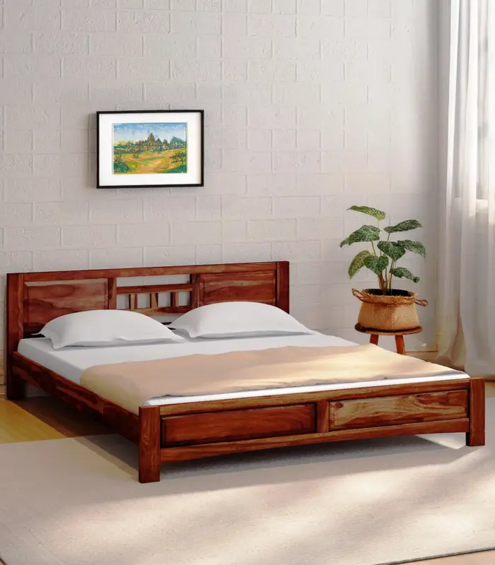 Misty Sheesham Wood Queen Size Bed without Storage (Rustic Teak Finish)