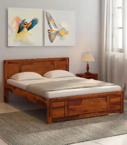 Newvo Sheesham Wood Queen Size Bed without Storage (Honey Oak Finish)