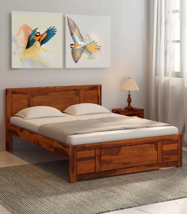 Newvo Sheesham Wood Queen Size Bed without Storage (Honey Oak Finish)