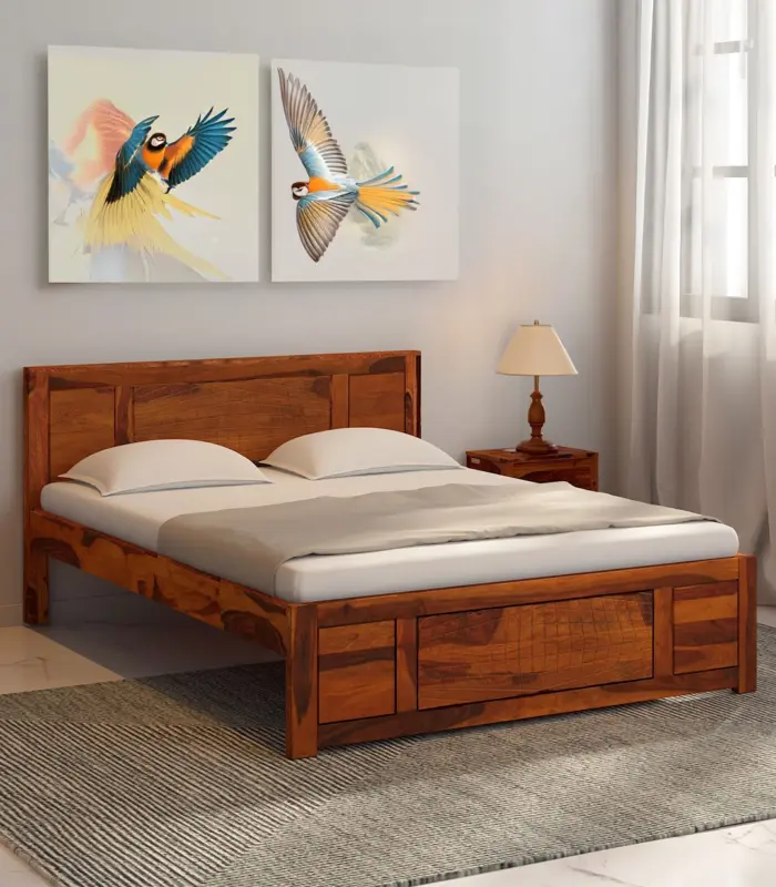 Newvo Sheesham Wood Queen Size Bed without Storage (Honey Oak Finish)