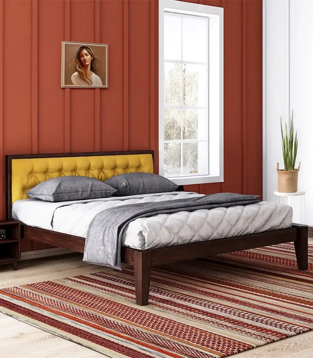 Nyork Solid Wood Queen Size Bed without Storage (Brown Finish)
