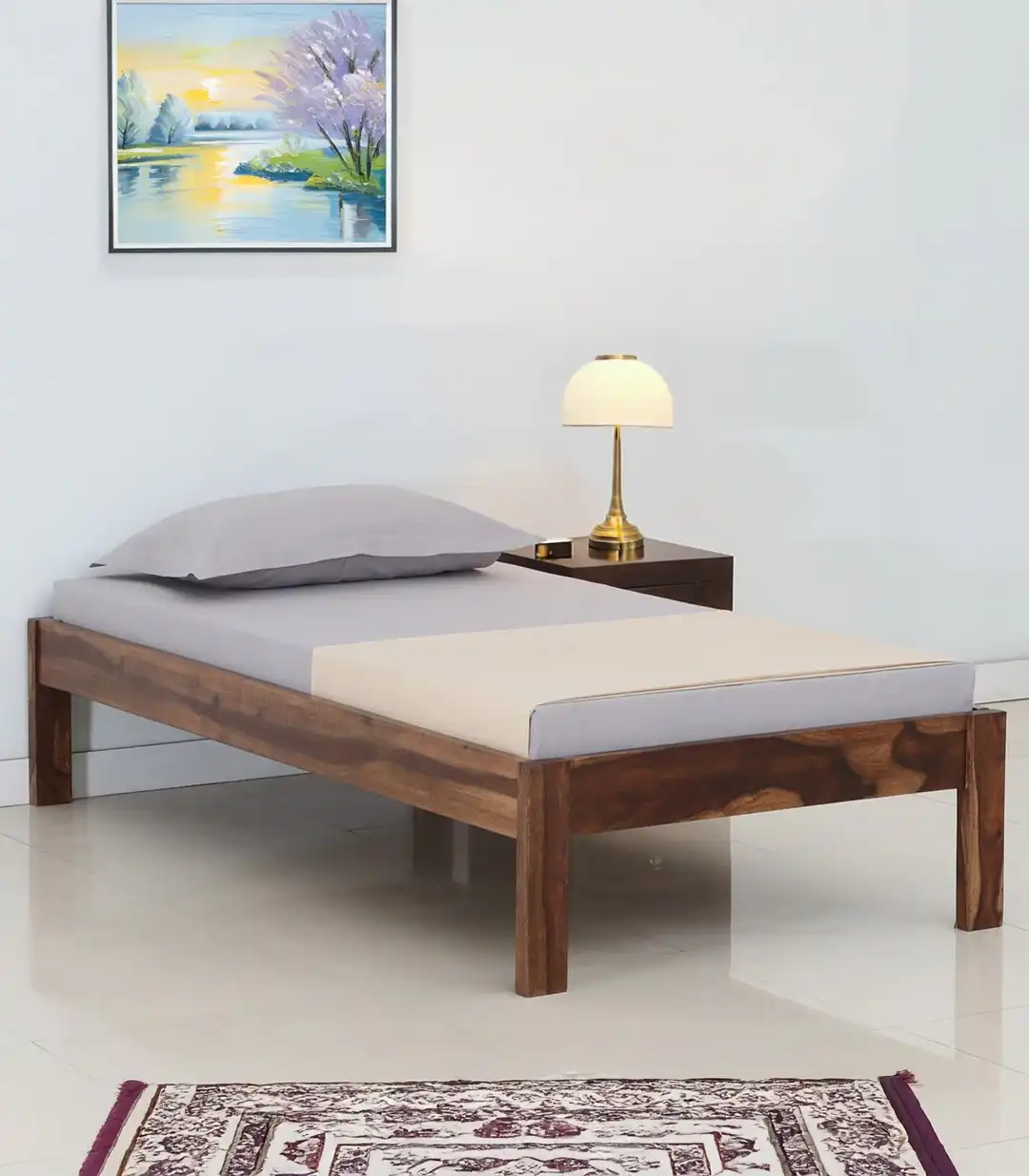 Onkel Sheesham Wood Single Bed without Storage (Rustic Teak Finish)