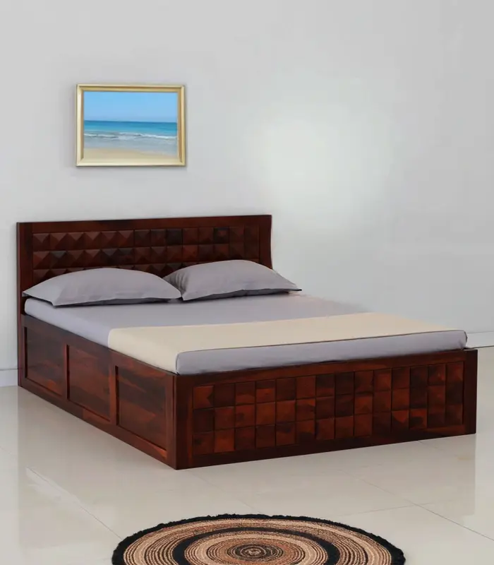 Pluton Sheesham Wood Queen Size Bed with Box Storage (Teak Finish)