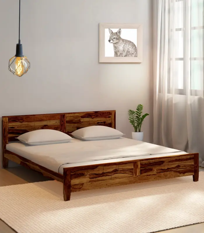 Rezzon Sheesham Wood Queen Size Bed without Storage (Teak Finish)