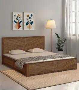 Vector Sheesham Wood Queen Size Bed with Hydraulic Box Storage (Teak Finish)