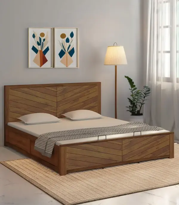 Vector Sheesham Wood Queen Size Bed with Hydraulic Box Storage (Teak Finish)