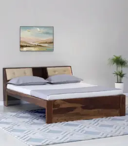 Wedolh Sheesham Wood Queen Size Bed with Headboard Storage (Rustic Teak Finish)
