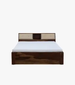 Wedolh Sheesham Wood Queen Size Bed with Headboard Storage (Rustic Teak Finish)
