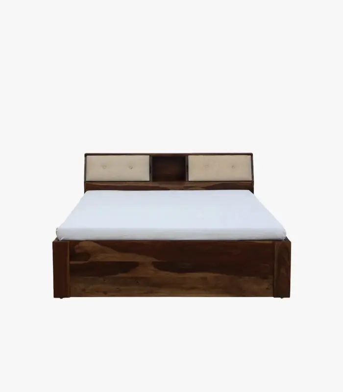 Wedolh Sheesham Wood Queen Size Bed with Headboard Storage (Rustic Teak Finish)