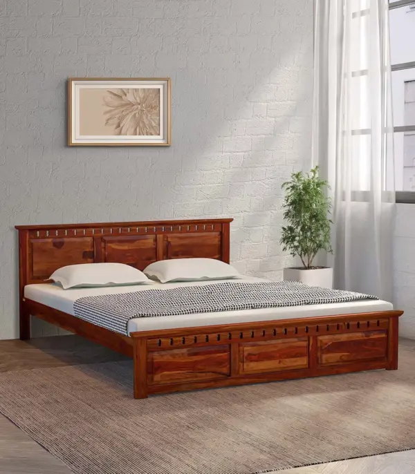 Zurndolf Sheesham Wood Queen Size Bed without Storage (Teak Finish)
