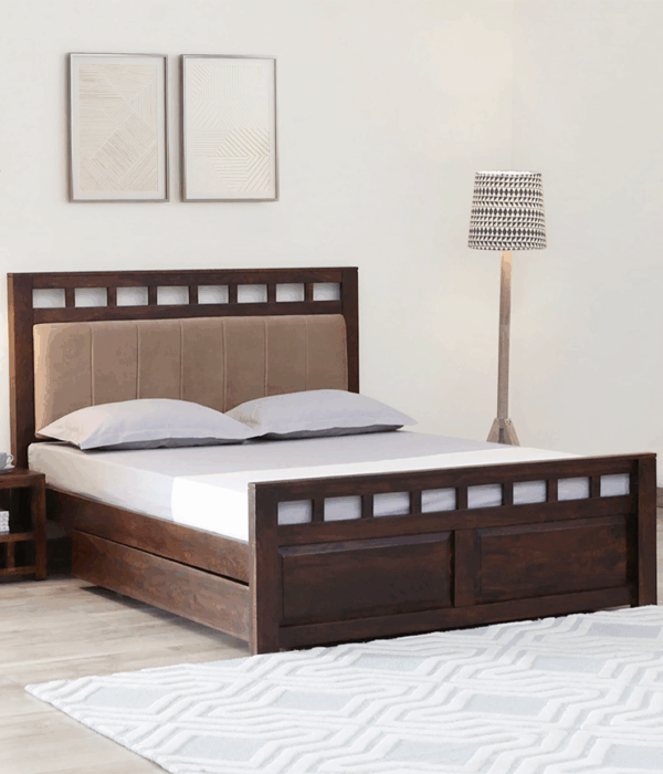 Alyano Sheesham Wood Queen Size Bed with Drawer Storage (Teak Finish)