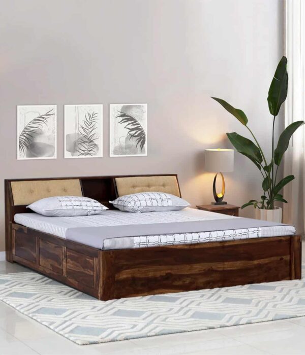 Wedolh Sheesham Wood Queen Size Bed with Box Storage (Rustic Teak Finish)