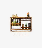 Velric Sheesham Wood Wall-Mounted Wine Rack with Glass Mount (Brown Finish)