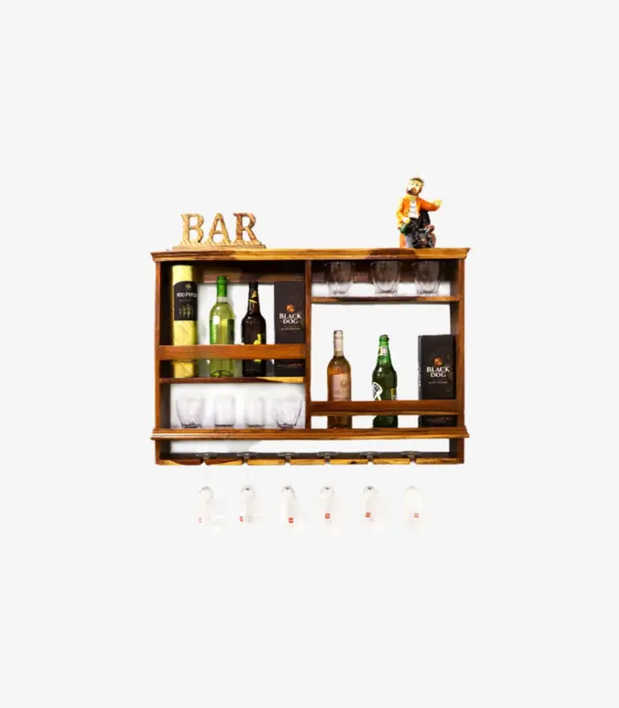Velric Sheesham Wood Wall-Mounted Wine Rack with Glass Mount (Brown Finish)