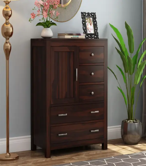 Alvon Sheesham Wood Chest Of Drawers with 5 Drawers (Walnut Finish)