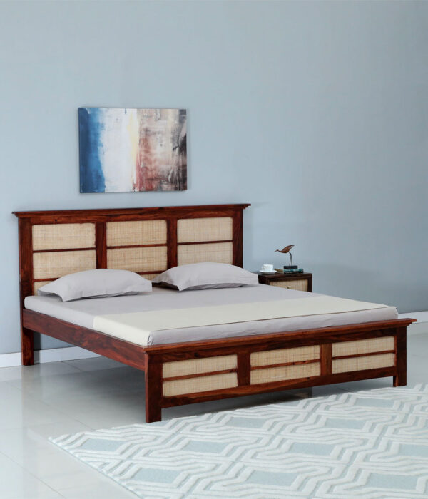 Adolf Sheesham Wood Queen Size Bed without Storage (Honey Oak Finish)
