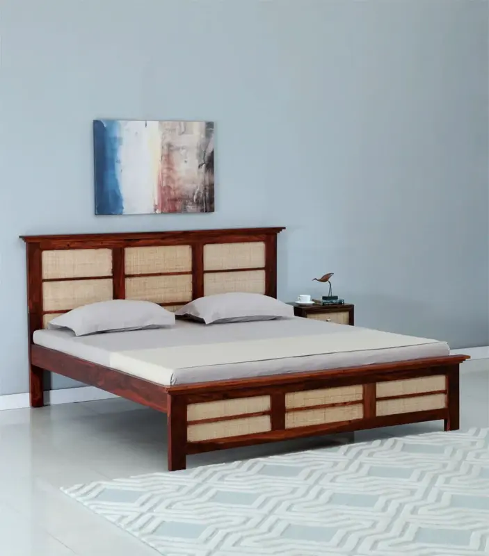 Adolf Sheesham Wood Queen Size Bed without Storage (Honey Oak Finish)