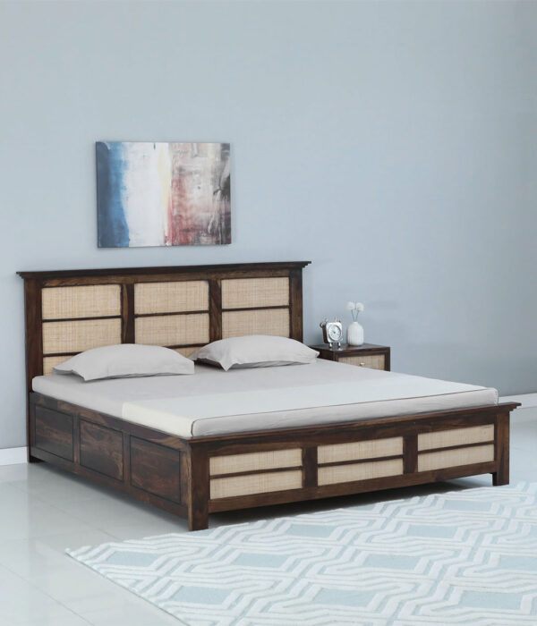 Adolf Sheesham Wood Queen Size Bed with Box Storage (Teak Finish)