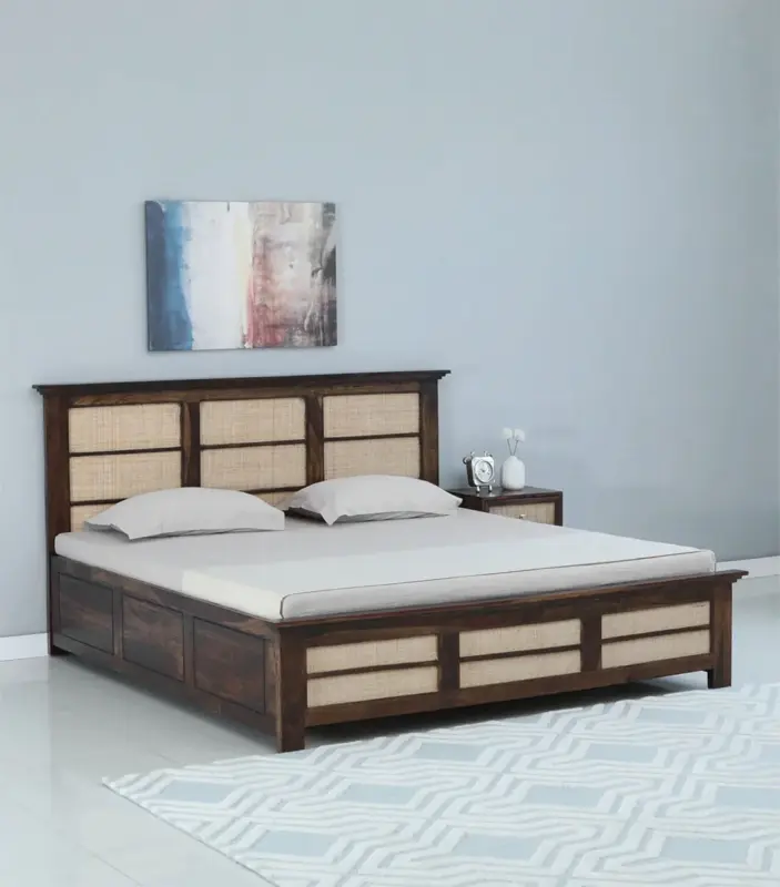 Adolf Sheesham Wood Queen Size Bed with Box Storage (Teak Finish)