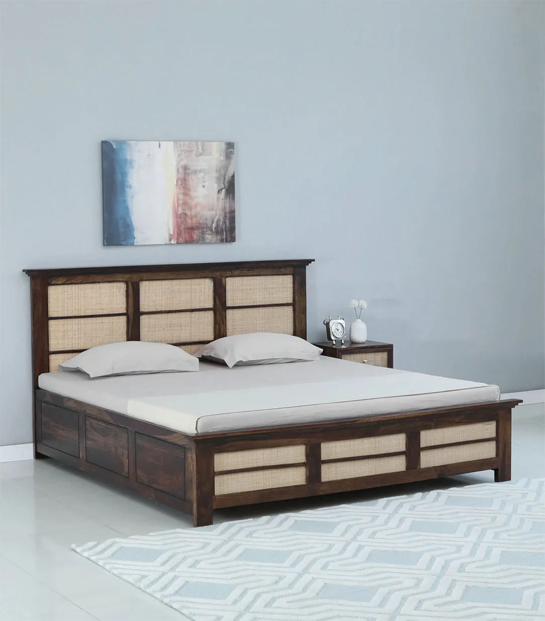 Adolf Sheesham Wood Queen Size Bed with Box Storage (Teak Finish)