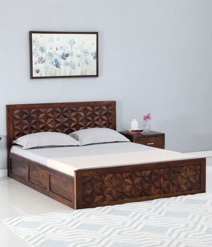Baarn Sheesham Wood Queen Size Bed in Provincial Teak Finish With Box Storage