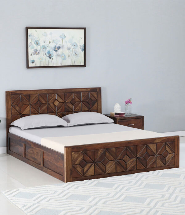 Chez Sheesham Wood Queen Size Bed with Box Storage (Teak Finish)