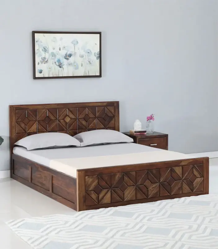 Chez Sheesham Wood Queen Size Bed with Box Storage (Teak Finish)