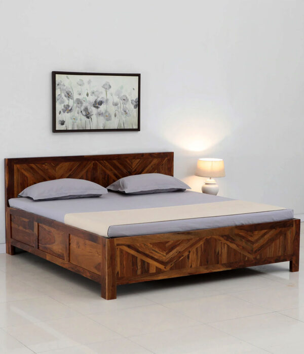 Elfa Sheesham Wood Queen Size Bed with Box Storage (Honey Finish)
