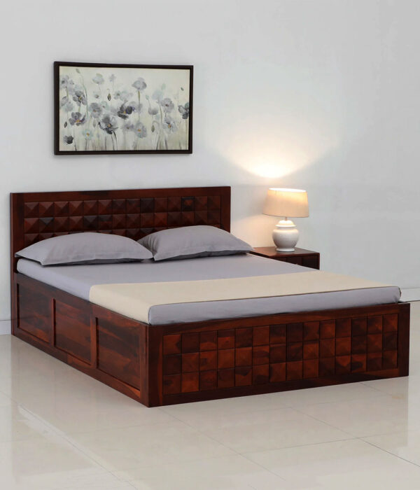 Pluton Sheesham Wood Queen Size Bed with Box Storage (Teak Finish)