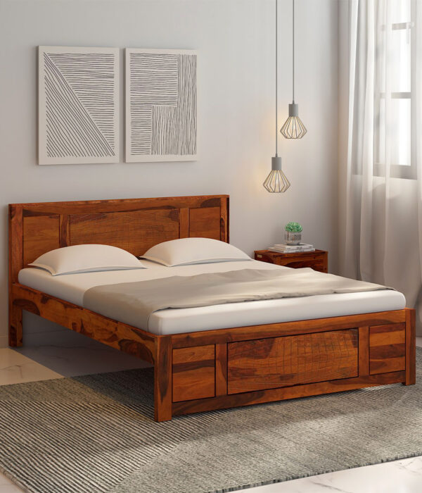 Newvo Sheesham Wood Queen Size Bed without Storage (Honey Oak Finish)