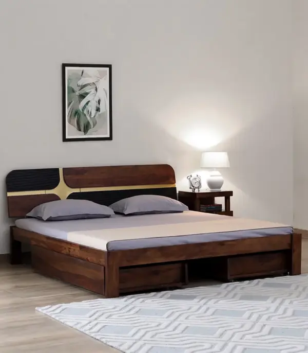 Alamod Sheesham Wood Queen Size Bed with Drawer Storage (Teak Finish)