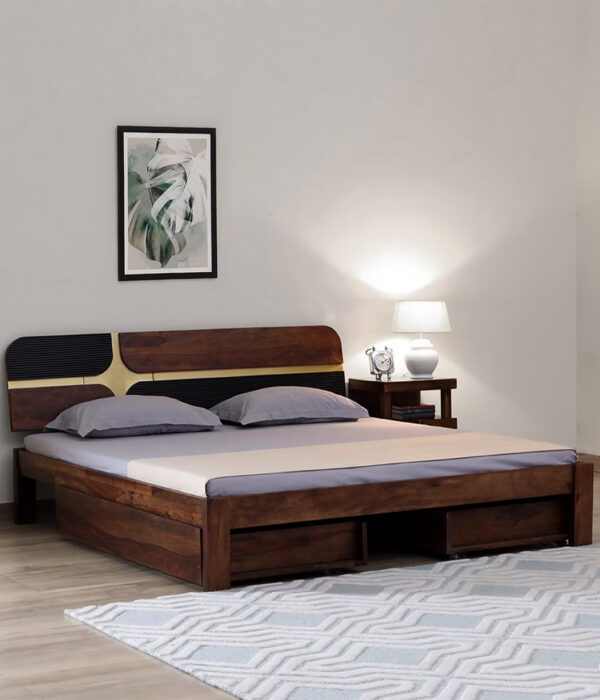 Alamod Sheesham Wood Queen Size Bed with Drawer Storage (Teak Finish)