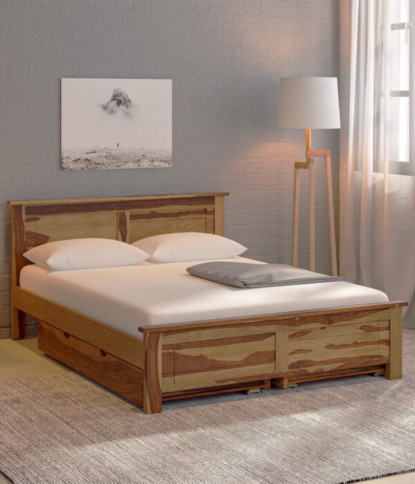 Arabel Sheesham Wood Queen Size Bed with Drawer Storage (Rustic Teak Finish)