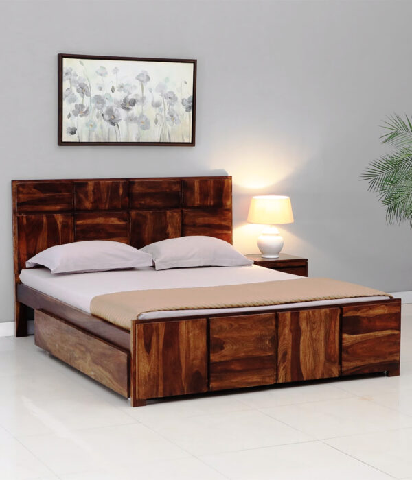Berang Sheesham Wood Queen Size Bed with Drawer Storage (Teak Finish)