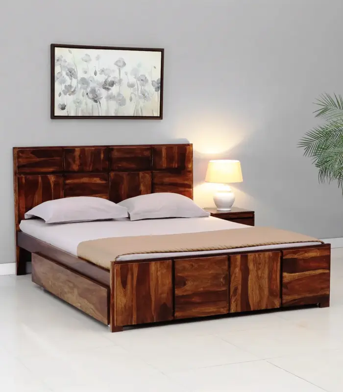 Berang Sheesham Wood Queen Size Bed with Drawer Storage (Teak Finish)