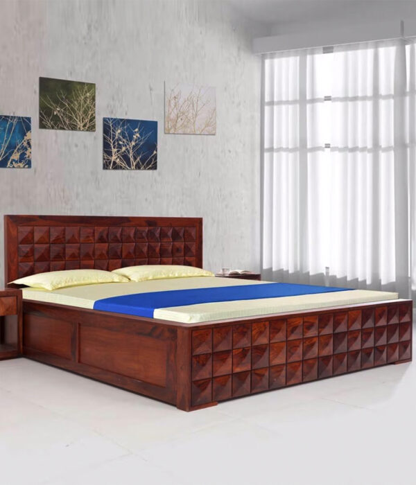 Dymond Sheesham Wood Queen Size Bed with Hydraulic Box Storage (Honey Finish)