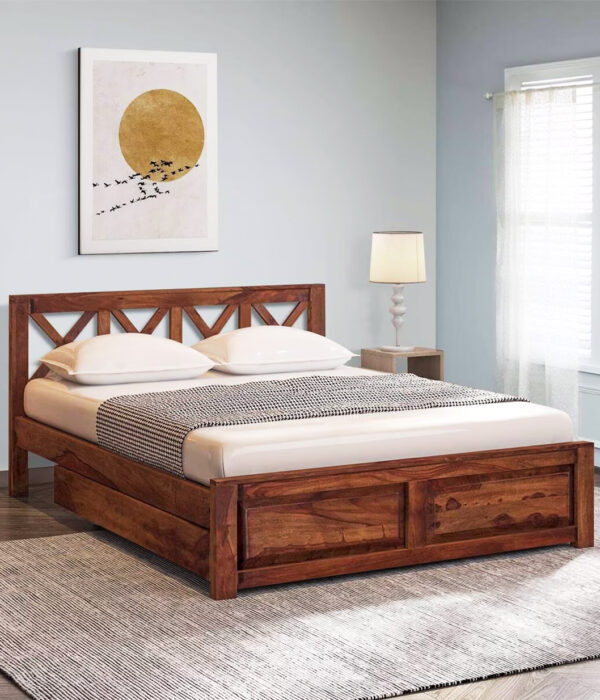 Krysos Sheesham Wood Queen Size Bed With Drawer Storage (Rustic Teak Finish)