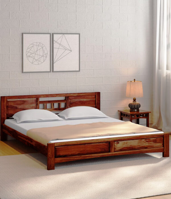Misty Sheesham Wood Queen Size Bed without Storage (Rustic Teak Finish)
