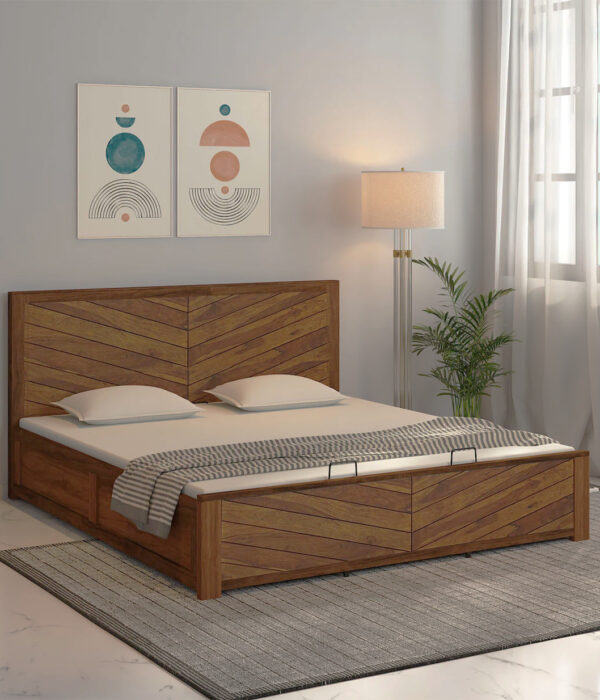 Vector Sheesham Wood Queen Size Bed with Hydraulic Box Storage (Teak Finish)