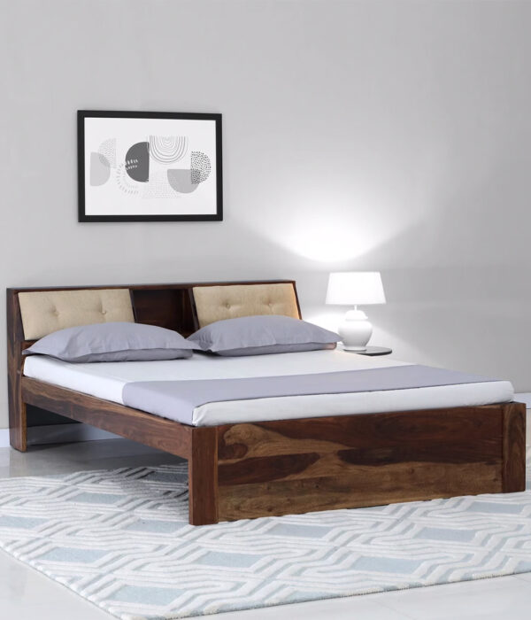 Wedolh Sheesham Wood Queen Size Bed with Headboard Storage (Rustic Teak Finish)