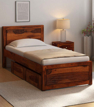 Newvo Sheesham Wood Single Bed with Drawer Storage (Honey Oak Finish)
