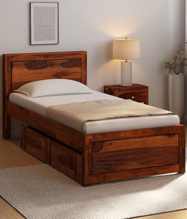 Newvo Sheesham Wood Single Bed with Drawer Storage (Honey Oak Finish)