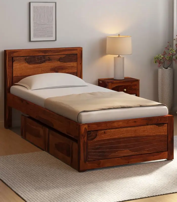 Newvo Sheesham Wood Single Bed with Drawer Storage (Honey Oak Finish)